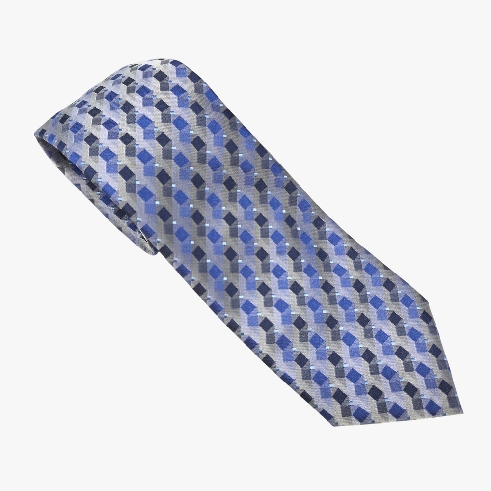 John Ashford Mens Blue Silver Grey Geometric Diamond Pattern Woven Silk Necktie